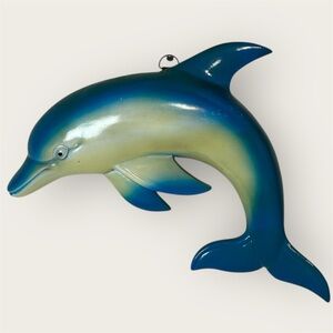 Vintage Hand Painted Blue Dolphin Wall Plaque Nautical Decor